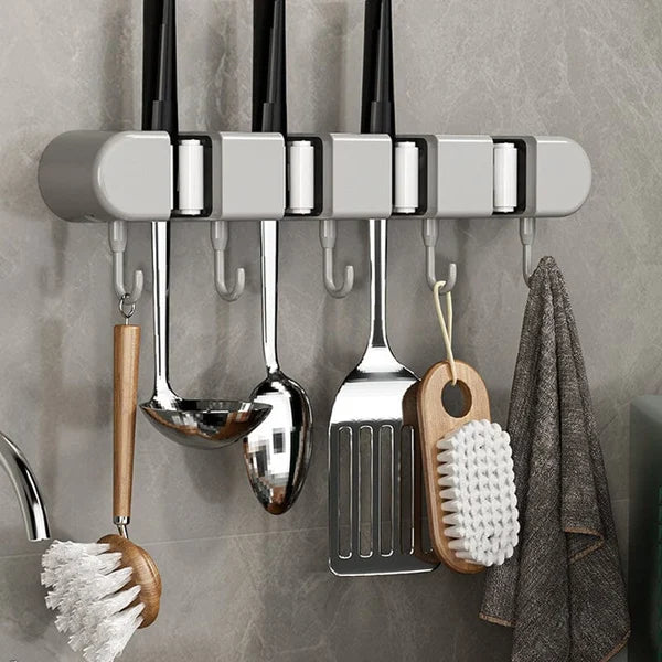 6 Slot & 6 Hook Wall Mounted Holder For Mop, Broom, Kitchen